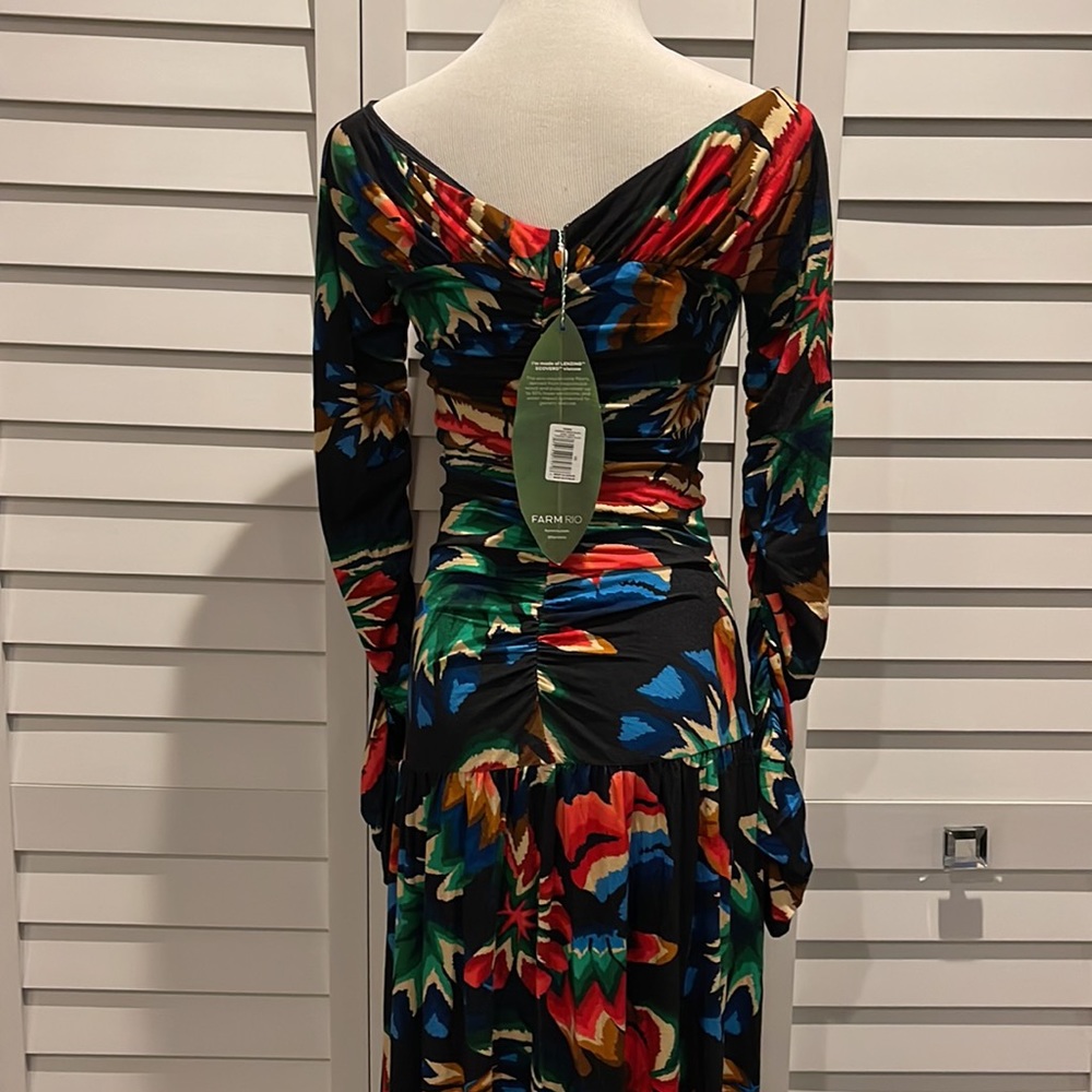 Farm Rio NWT Chevron Forest Black Jersey Dress colorful with long Sleep - Picture 8 of 12